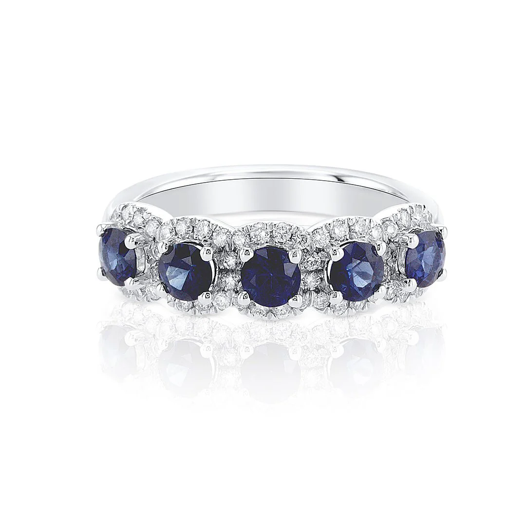 1.10 Carats Natural Diamond and Blue Sapphire Halo Five Stone Band