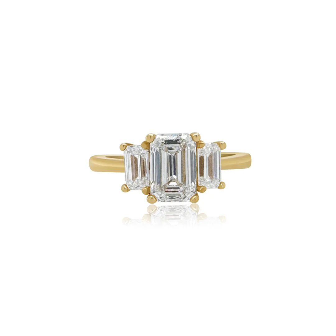 1.88 Carats Emerald Cut Lab Grown Diamond Three Stone Engagement Ring