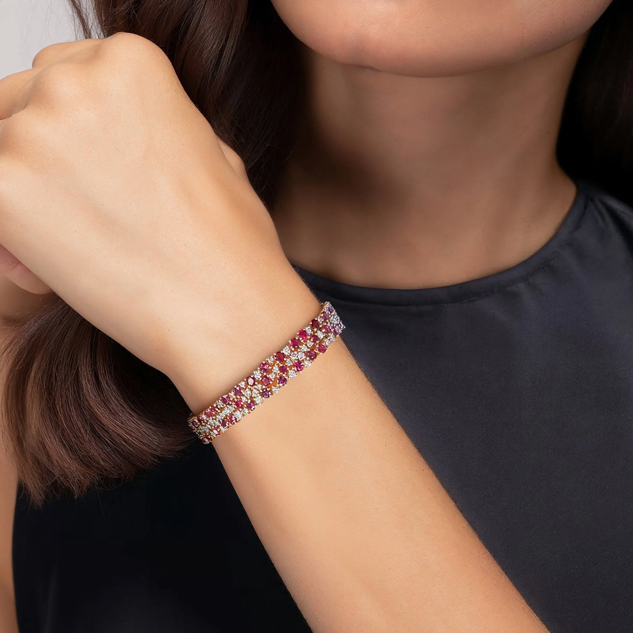 10.33 Carats Natural Diamonds and Ruby Handcrafted Wide Bracelet - Image 2