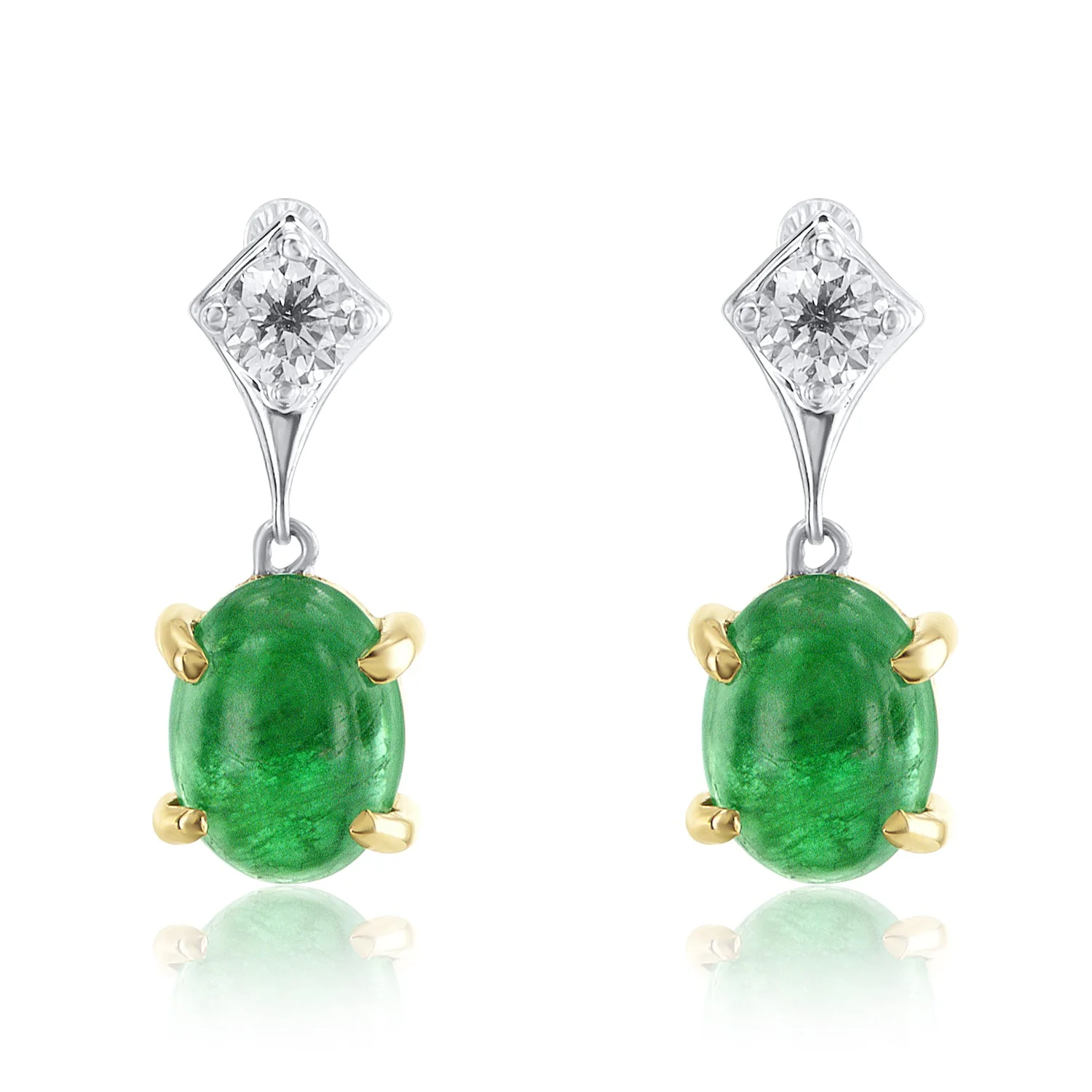2.40 Carat Emerald And 0.30 Carat Round Natural Dangle Earrings in 14K White And Yellow Gold