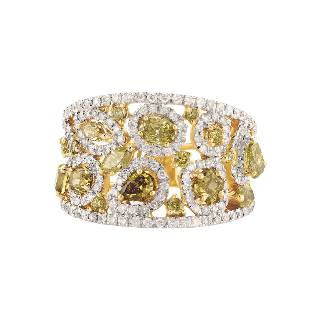 2.50 Cttw Fancy Yellow Diamond Cluster Halo 14K Yellow Gold Fashion Band