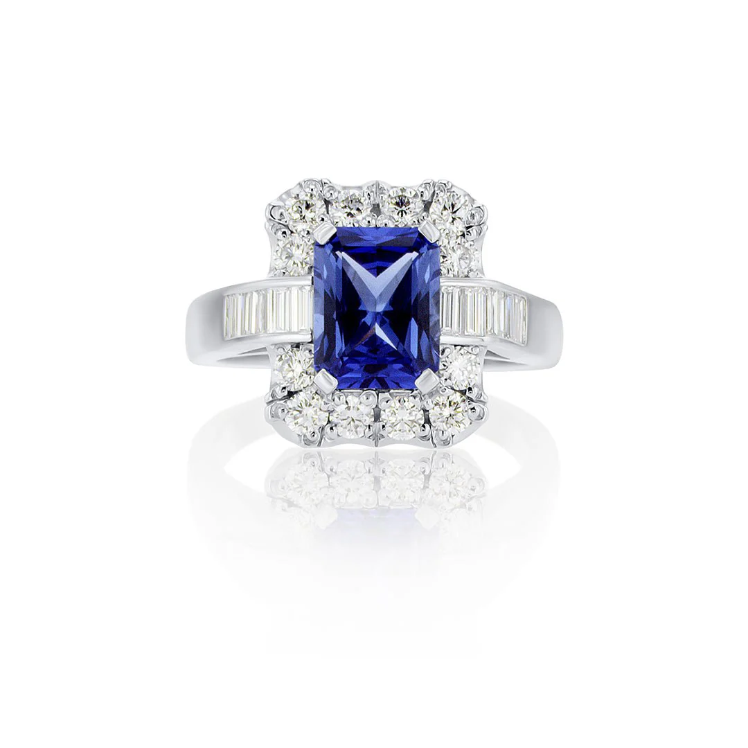4.74 Carats Natural Diamond and Lab Grown Blue Sapphire Halo Engagement Ring