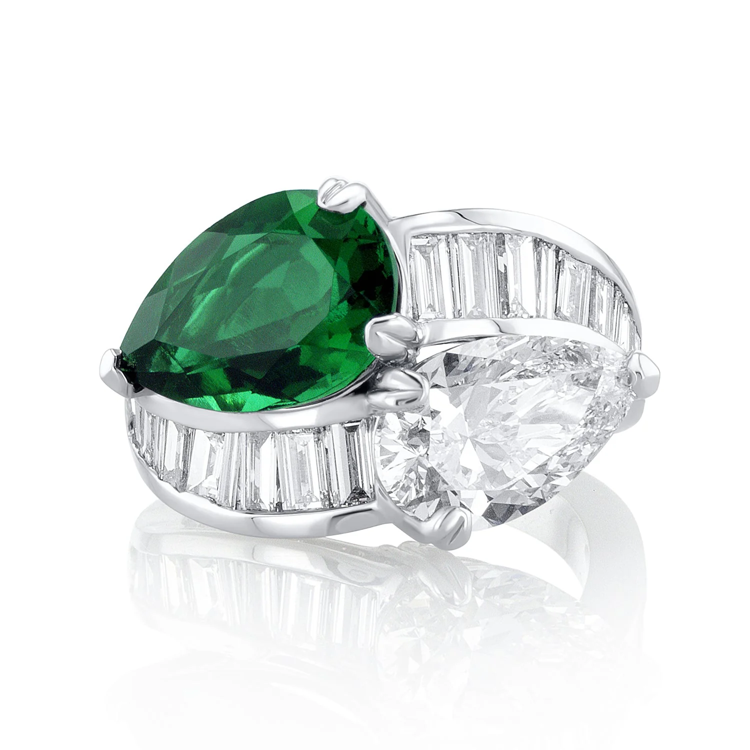 3.01 Carat Pear Emerald & 3.70 Carat Pear Diamond Lab Grown Ring in 14 K White Gold - Image 4
