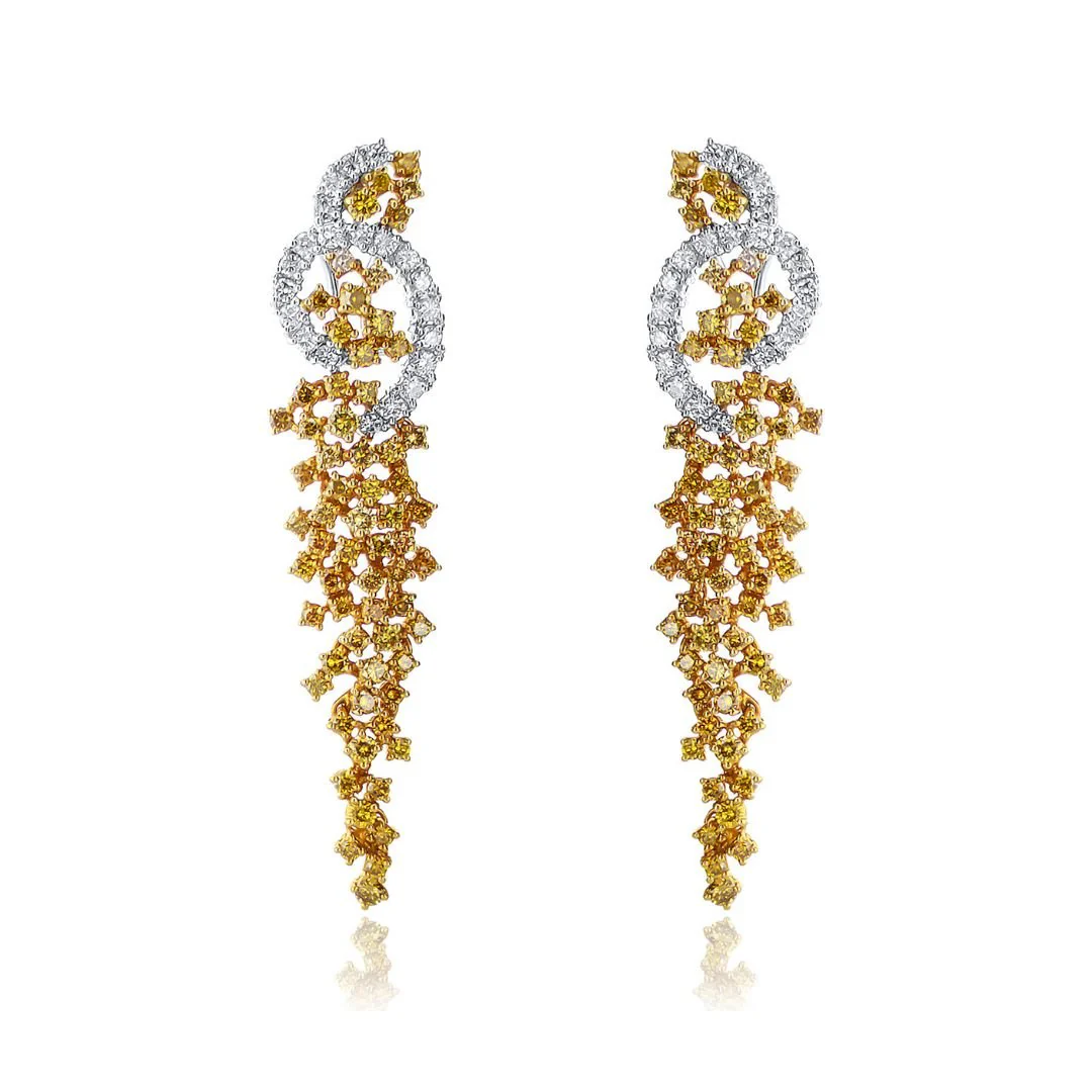 3.50 Carat Fancy Yellow and 0.98 Round Natural Diamond Fashion Earrings in 18K White and Yellow Gold