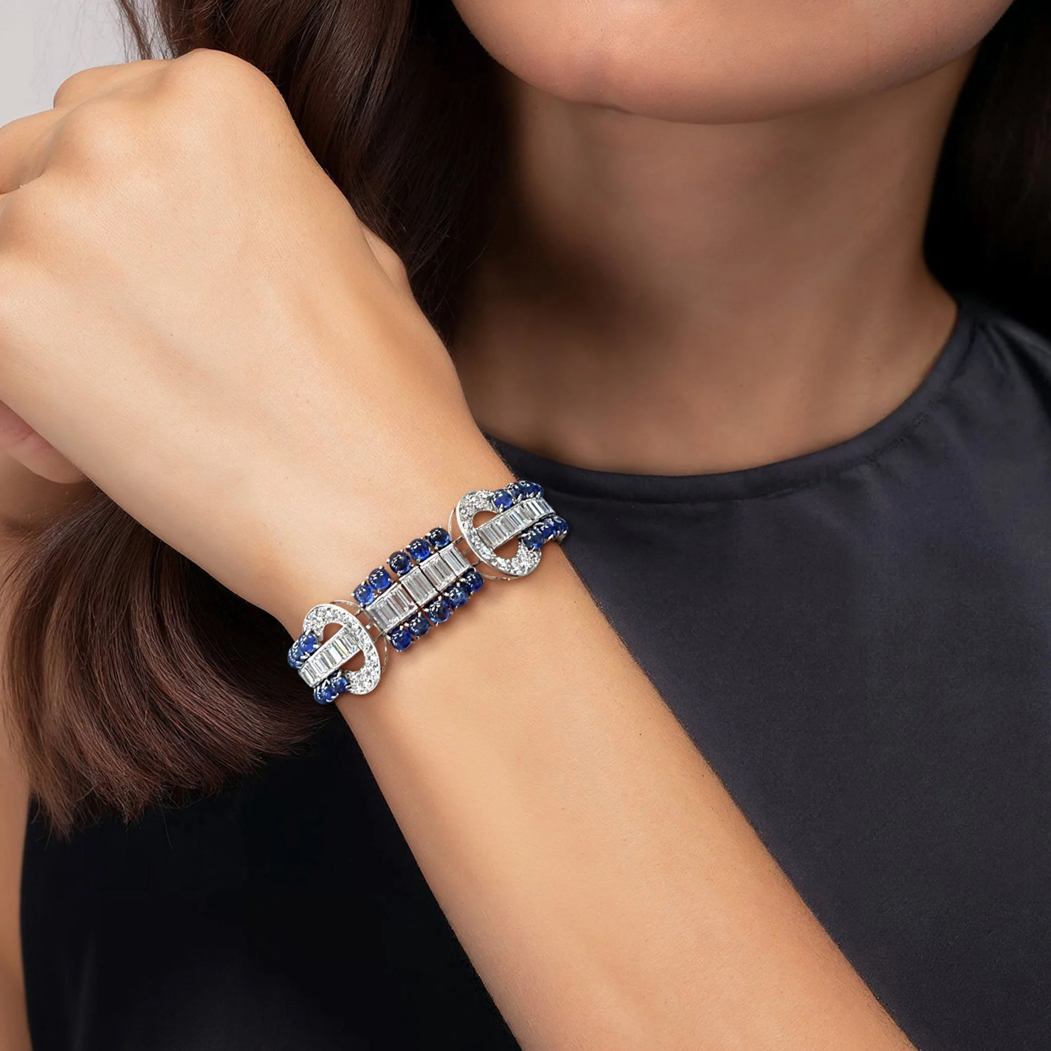 34.45 Carats Natural Diamond and Cabochon Blue  Sapphires Bracelet - Image 2