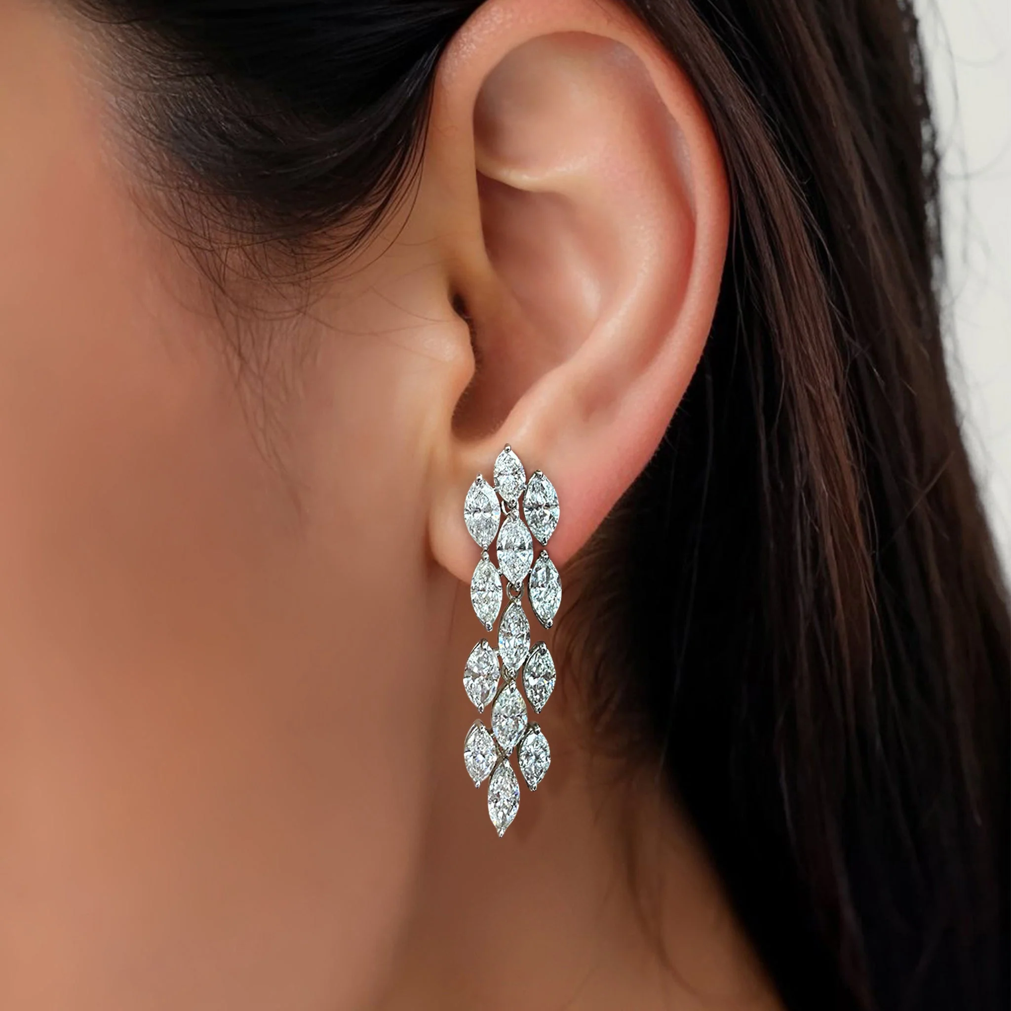 5.85 Carat Marquise Natural Diamond 3 Row Dangle Earrings set in 14K White Gold