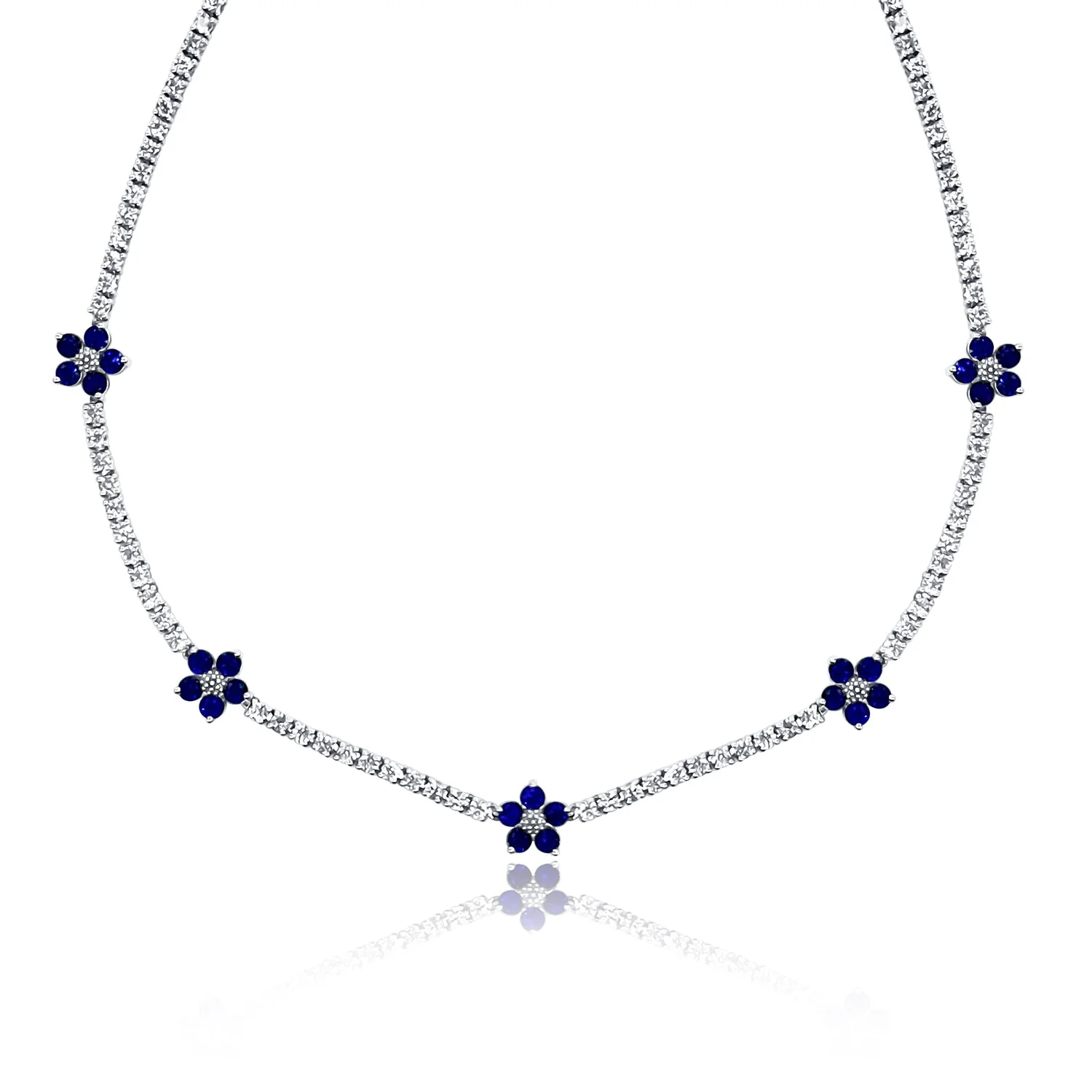 6.00 Cttw Round Diamond and Sapphire Flower Tennis Necklace set in 18K White Gold