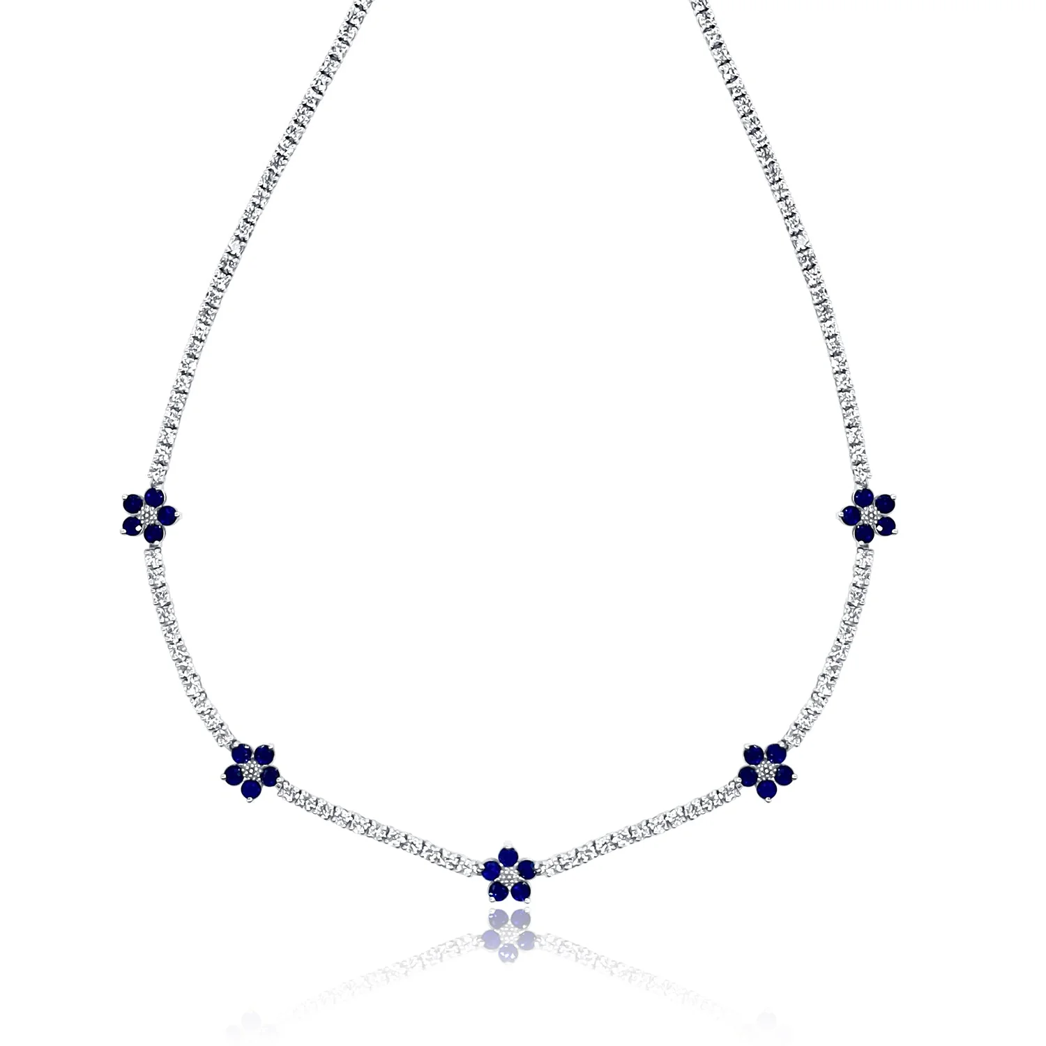 6.00 Cttw Round Diamond and Sapphire Flower Tennis Necklace set in 18K White Gold - Image 2