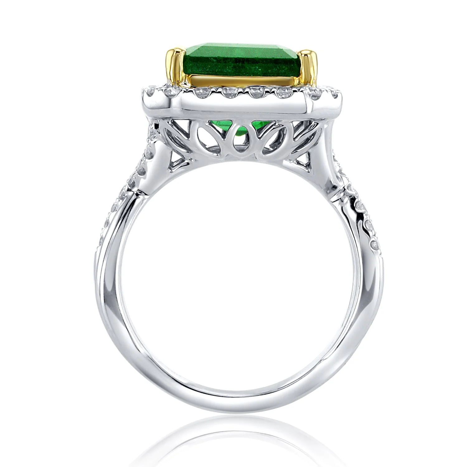 6.60 Carat Natural Emerald & Diamond Halo Ring in 18K White & Yellow Gold - Image 2