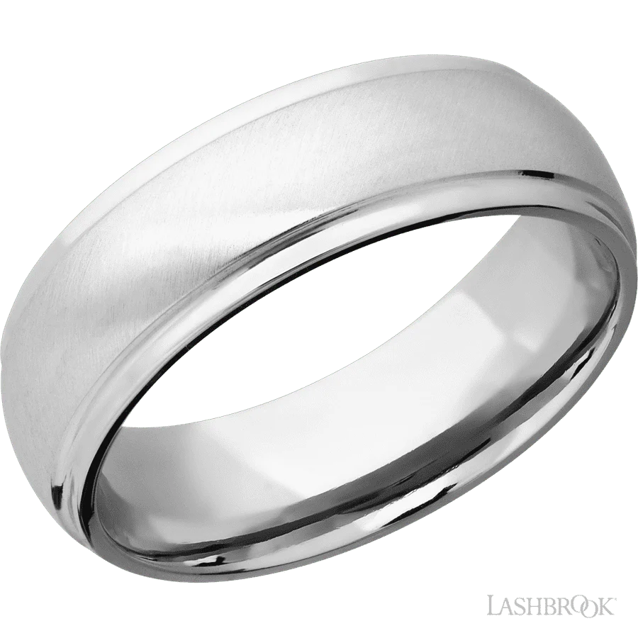 7 mm wide Domed Stepped Down Edges 14K White Gold band.