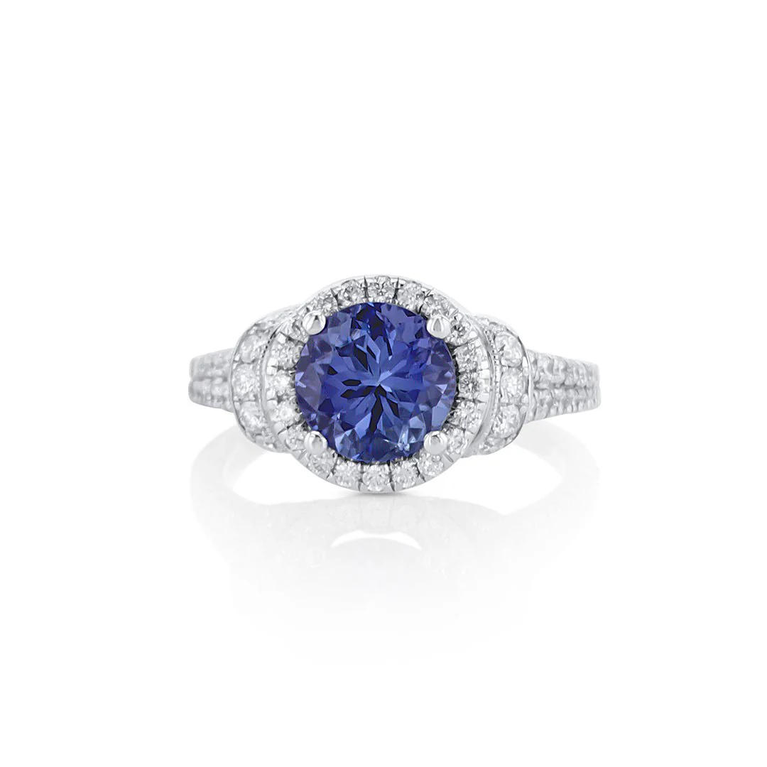 Blue Tanzanite and Diamond Halo Ring