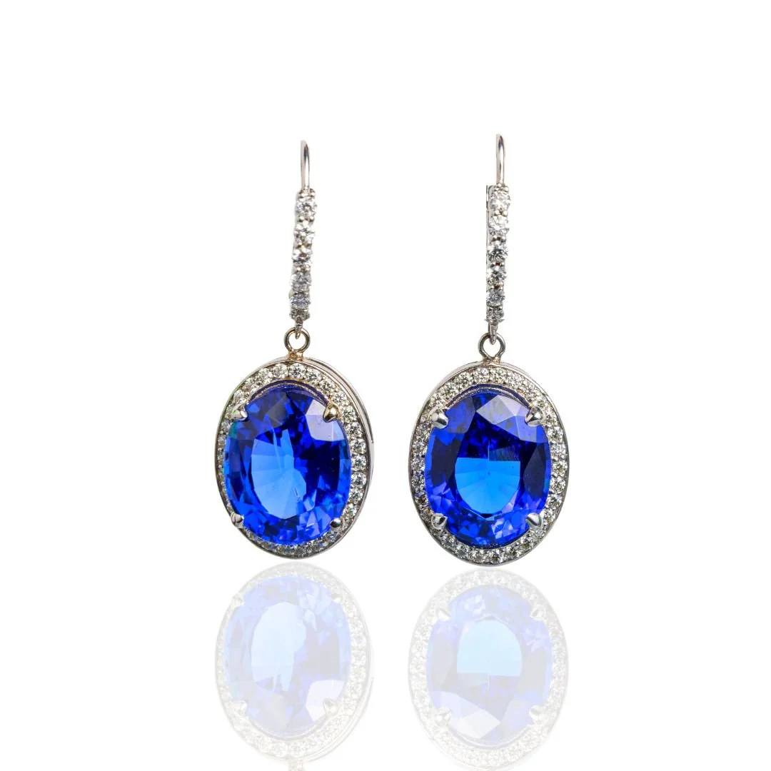 12.18 Carats Natural Diamond and Tanzanite Halo Dangle Earrings