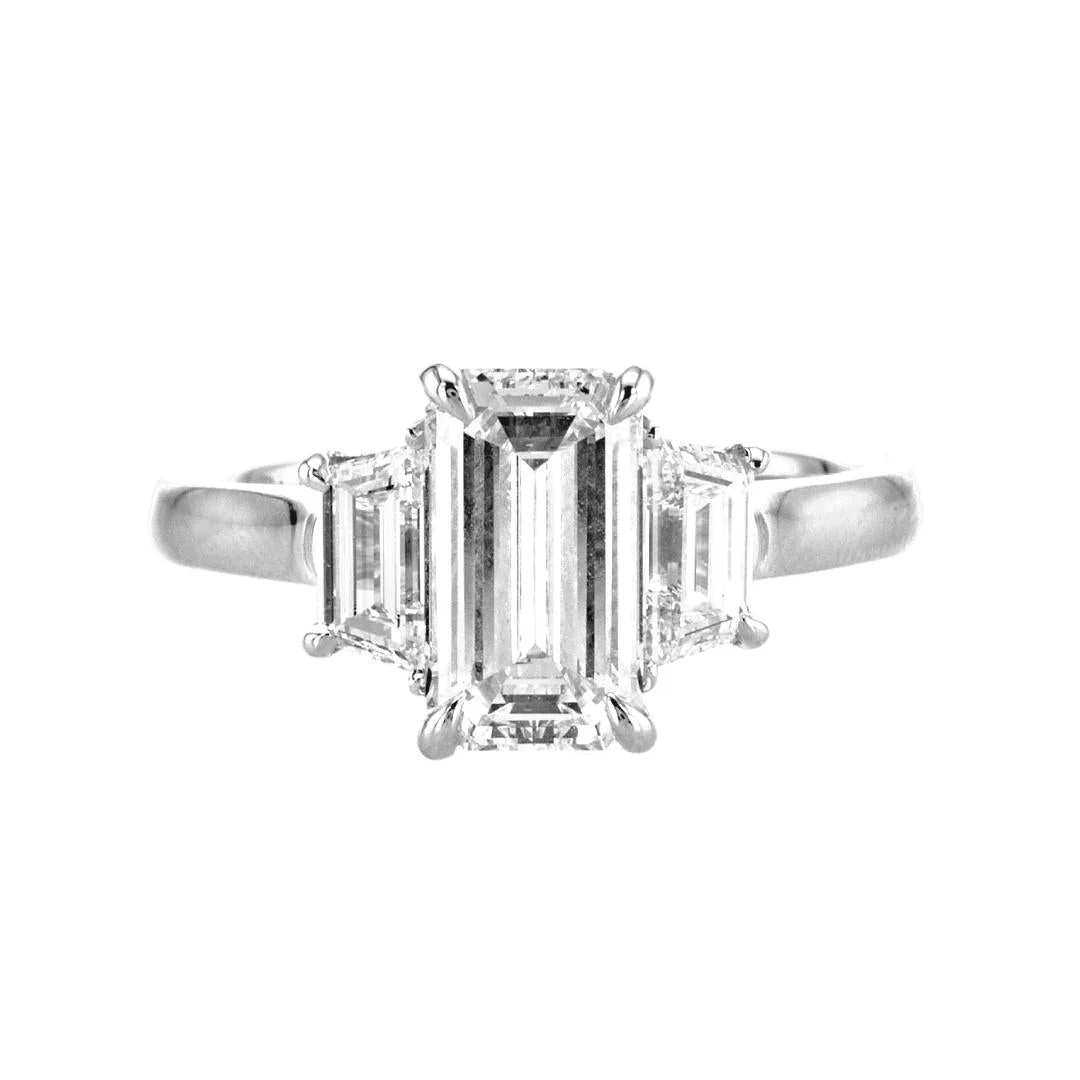 2.62 Carats Natural Diamond Emerald Cut Three Stone Engagement Ring